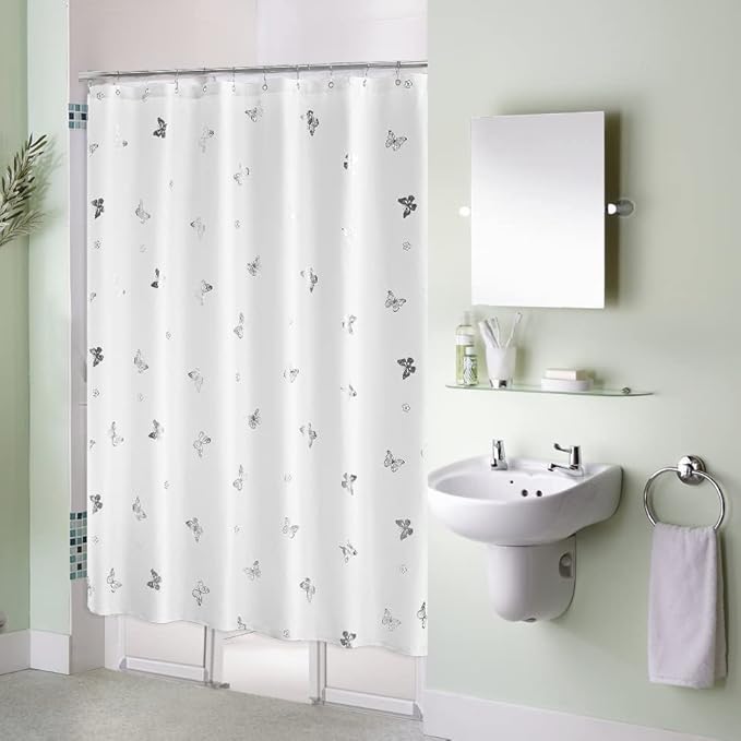 Jubilantex Butterfly Shower Curtain for Bathroom, White Silver Print Farmhouse Waterproof Bathroom Decorative Rustic Kids Shower Curtain with 12 Rust Proof Grommets for Spa Hotel, 70x72 Inches