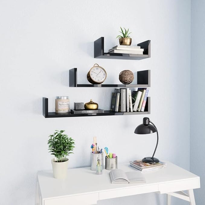 Set of 3 Floating Shelves Wall Mounted U-Shaped Shelving Units for Bedroom Living Room Kitchen Modern High Gloss Black Engineered Wood Display Storage Organizer