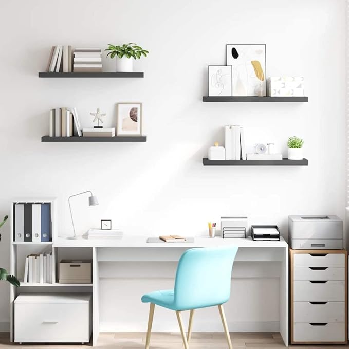 Floating Wall Shelves Set of 4, Modern High Gloss Gray Display Shelves 31.5x9.3 Inches, Invisible Mounting for Living Room Bedroom, Sturdy MDF Board for Books Decor Awards Photos