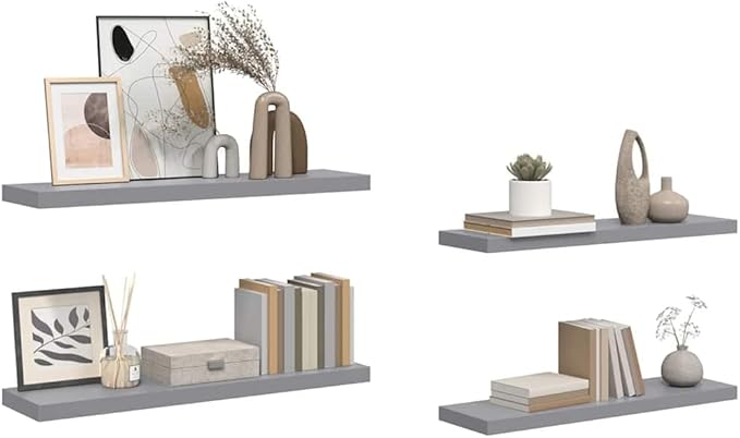 Set of 4 Floating Wall Shelves, 35.4-inch Modern Grey MDF Wood Storage Ledge for Living Room, Bedroom, and Office Decor, Decorative Display Shelves