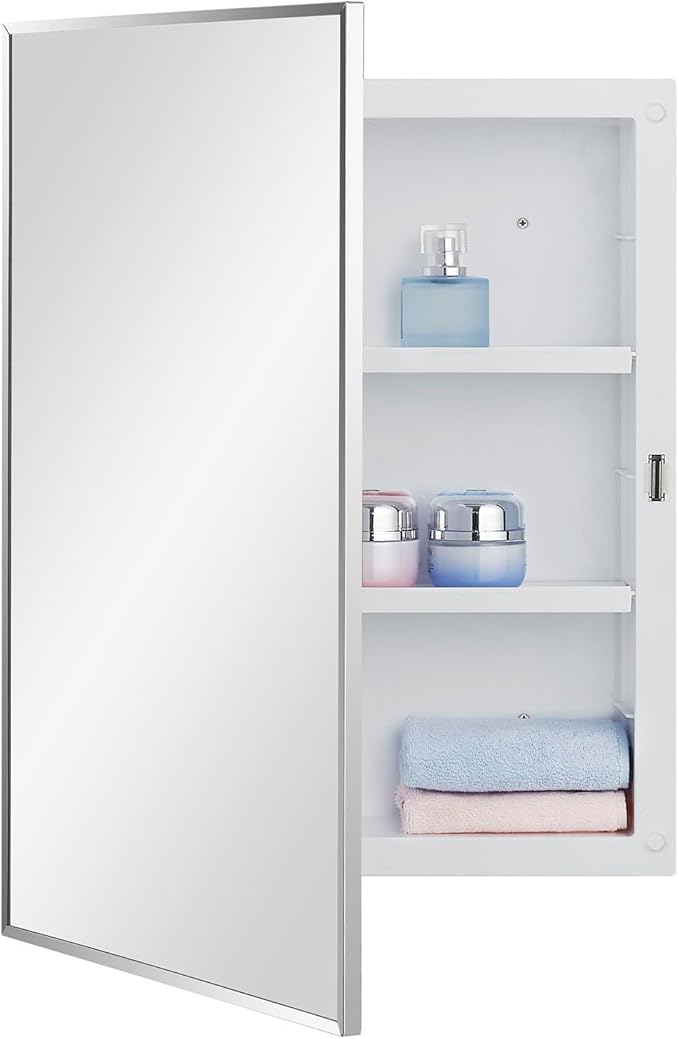 IDYLLOR Plastic Bathroom Medicine Cabinet with Framed Mirror 16 x 22 inch, Surface and Recessed Mount