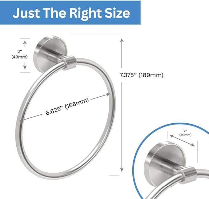 Gatco 5562 Sky Towel Ring | Modern Hand Towel Holder for Bathroom | Stylish Decorative Hardware, Heavy Duty Metal, EZ Ancor Mounting | Satin Nickel