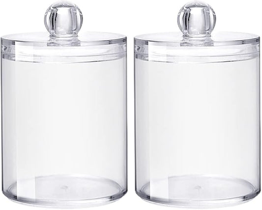 Sizikato 2pcs Clear Acrylic Q-Tip Holder for Bathroom, Round Cotton Swab Dispenser with Lid
