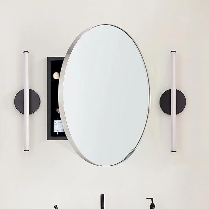 Surface Mount Brushed Nickel Round CircleBathroom Medicine Cabinet with Mirror Circlular Shaped Stainless Steel Metal Framed Medicine Cabinets Bathroom Cabinet with Mirror 24'' Diameter