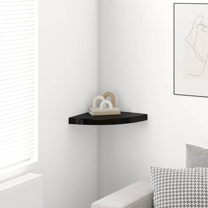 Floating Corner Shelf for Wall, High Gloss Black Modern Display 13.8 Inch Corner Wall Shelf with Invisible Mount, Honeycomb MDF for Living Room Bathroom Decor, Holds 11 lbs