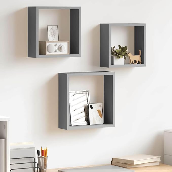 Wall Cube Shelves Set of 3, Floating Square Decorative Shelving Units for Bedroom, Living Room, and Office, Modern MDF Display Organizer, Gray