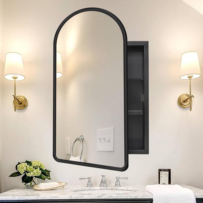 Arched Medicine Cabinet with Mirror,20x31 Inch Black Recessed Bathroom Cabinet, Modern Mirror Cabinet Surface Mount,Black Arched Medicine Cabinet with Storage,Adjustable Shelves