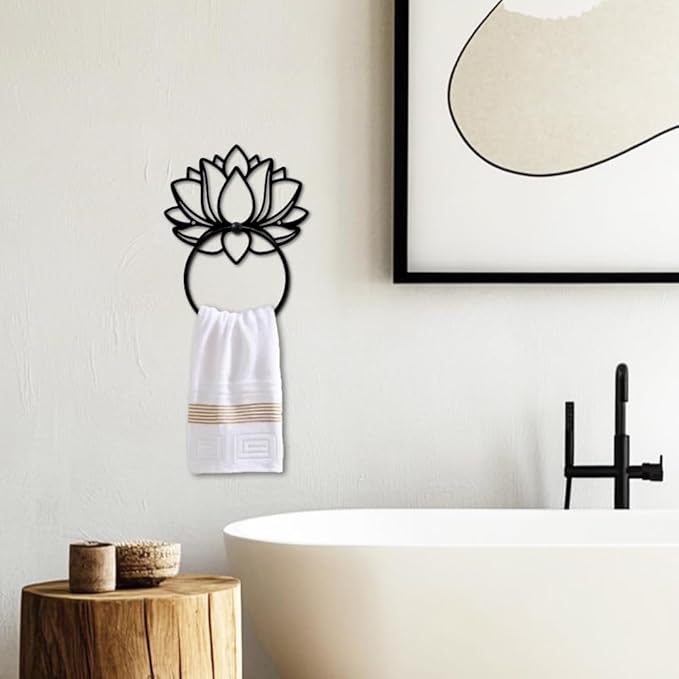 MAYJOYDIY Lotus Flower Metal Towel Ring Holy Lotus Towel Holder Plant Wall Decor Towel Hanger Black Art Towel Rack Wall Mounted for Bathroom Kitchen Home Decors Gift