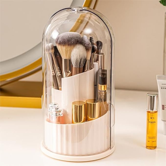 Covered Rotating Makeup Brush holder Organizer with Lid Makeup Brushes Organizer for Vanity Desktop Bathroom Countertop