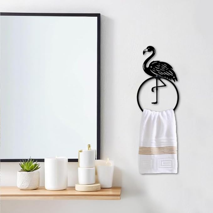 MAYJOYDIY Flamingo Metal Towel Ring Rustic Flamingo Animal Towel Holder for Wall Bath Towel Ring Black Art Towel Rack Wall Mounted for Bathroom Kitchen Towel Hanger Home Decors Gift