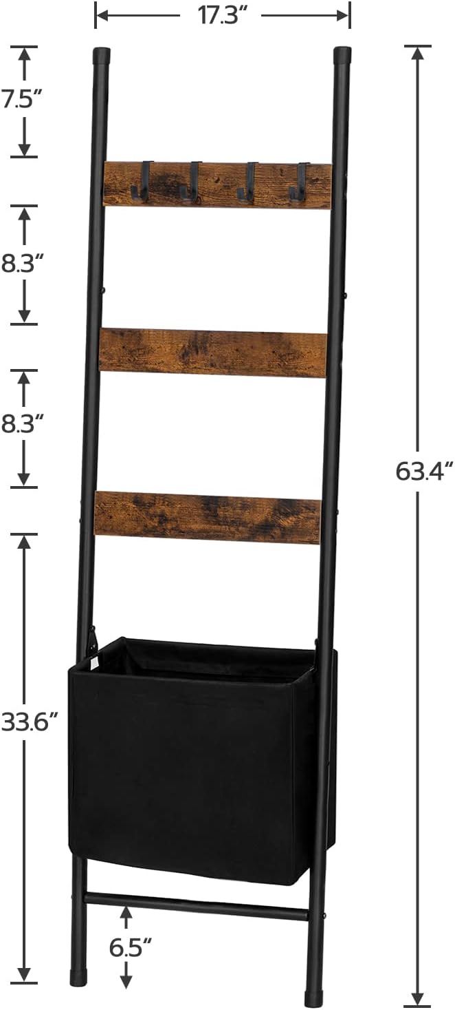 HOOBRO Blanket Ladder with Basket, 17.3”L x 63.4”H, Towel Rack with Hooks, Blanket Holder Rack, Decorative Ladder Shelf, Drying and Display Rack for Bathroom, Living Room, Rustic Brown BF31CJ01
