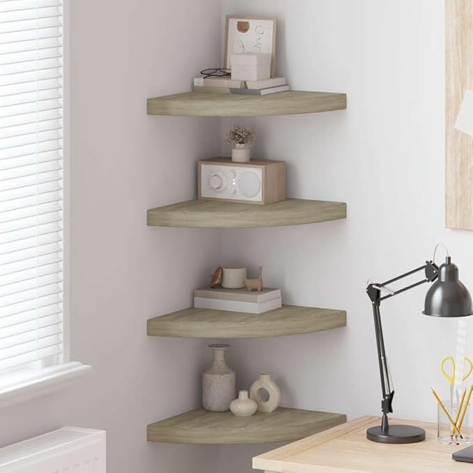 Corner Shelf Set of 4, 13.8 Inch Floating Wall Shelves for Bedroom Living Room, Oak Wood Decorative Storage Shelves for Home Decor, Triangular Wall Mount Display Racks