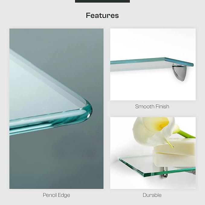 Fab Glass and Mirror Glass Shelves Cut to Size - 1/2" Thick Pencil Edge Low Iron Glass - Wall Mounted Tempered Glass Floating Shelves - Storage Organizer for Bathroom Kitchen