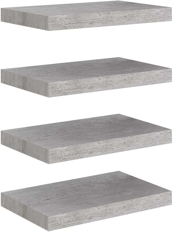 Wall Shelf Set of 4, Modern Concrete Gray Floating Shelves for Wall Decor, MDF Rectangular Display Shelving Unit for Living Room, Office, Bedroom Storage