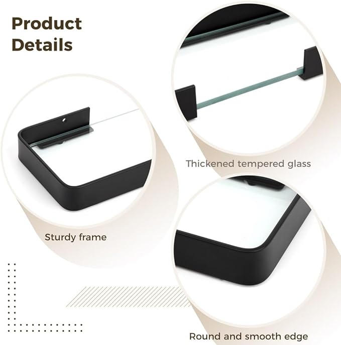 for Kitchen Bathroom, Aluminum Frame Glass Storage Organizer, Wall-Mounted Bathroom Floating Shelf, Rectangular Tempered Glass Bathroom Shelf