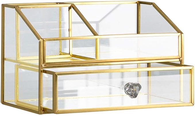YUEHUA Clear Makeup Organizer, Glass Jewelry Display Box, Gold Makeup Nail Polish Lipsticks Eyeliners Holder Organizer for Vanity Bathroom Office