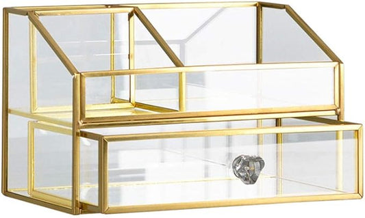 YUEHUA Clear Makeup Organizer, Glass Jewelry Display Box, Gold Makeup Nail Polish Lipsticks Eyeliners Holder Organizer for Vanity Bathroom Office