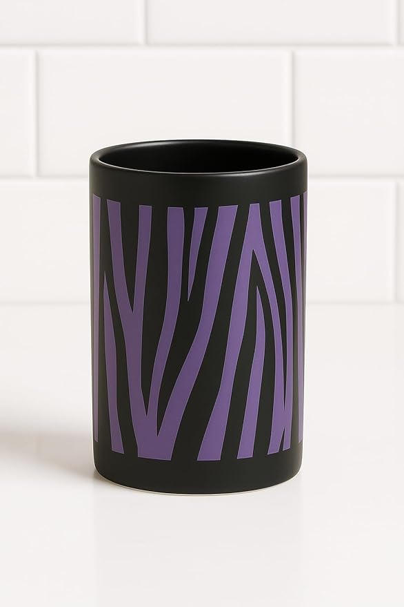 4 Piece Ceramic Bathroom Accessories Set - Purple Black Zebra Animal Print - Complete Bath Decor Kit Includes Designer Soap or Lotion Dispenser - Toothbrush Holder - Tumbler - Soap Dish (Purple Zebra)
