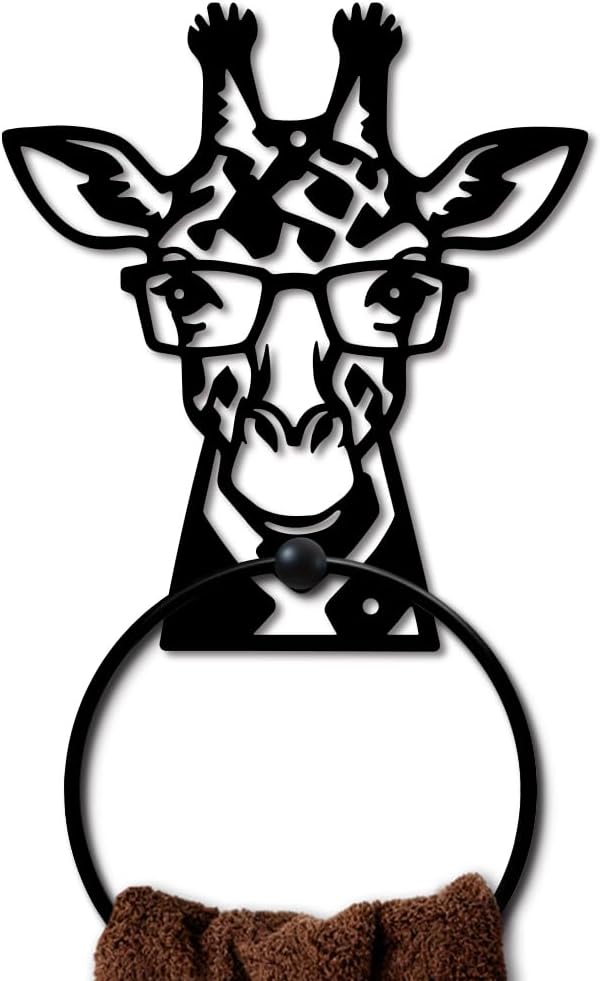 MAYJOYDIY Giraffe Metal Towel Ring Round Eyeglasses Giraffe Hand Towel Holder Ring Hanger Black Vintage Towels Wall Organizer for Kitchen Bath Home Laundry Room Decors Gifts