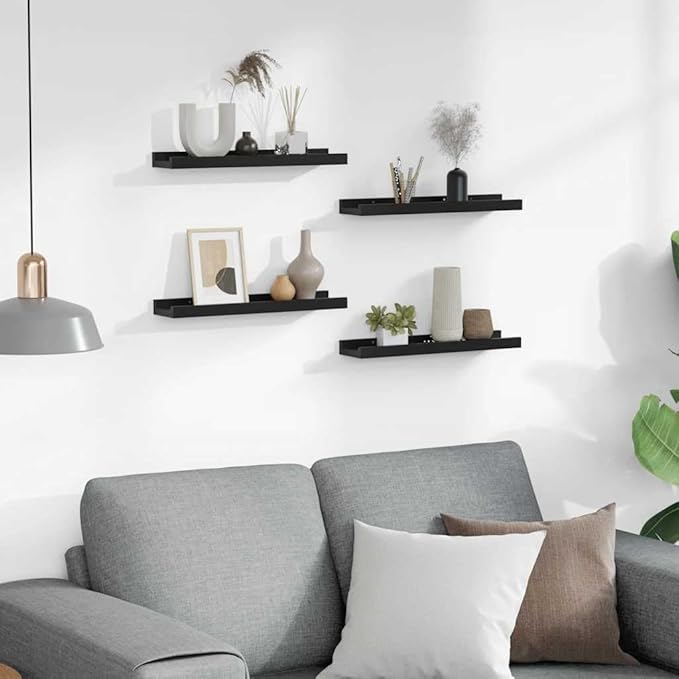 Floating Wall Shelves Set of 4, 15.7 inch Matte Black MDF Display Ledge Shelves for Bedroom, Living Room, Kitchen Wall Mounted Storage Organizer