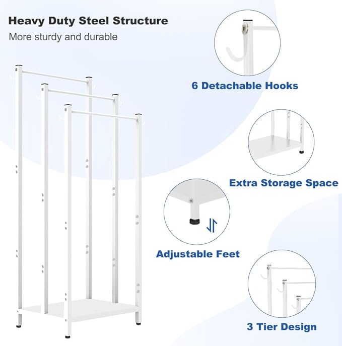 44 Inch Tall Free Standing Towel Rack with Metal Storage Shelf & 6 Hooks for Bathroom, 3 Tiers Heavy Duty Blanket Drying Stand Holder for Outdoor Pool, Bedroom, Living Room, White