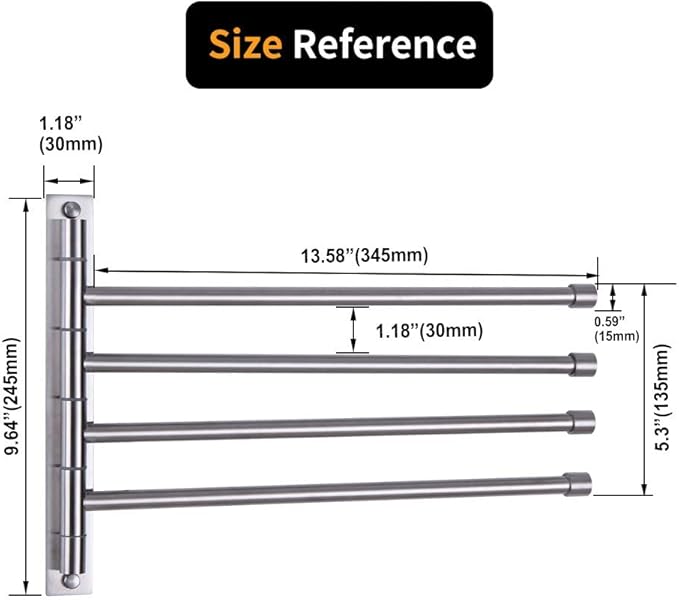 Swivel Towel Bar 4-Arm Bathroom Towel Holder Wall-Mounted Swing Out Towel Rack with Hooks Rustproof Brushed Finish