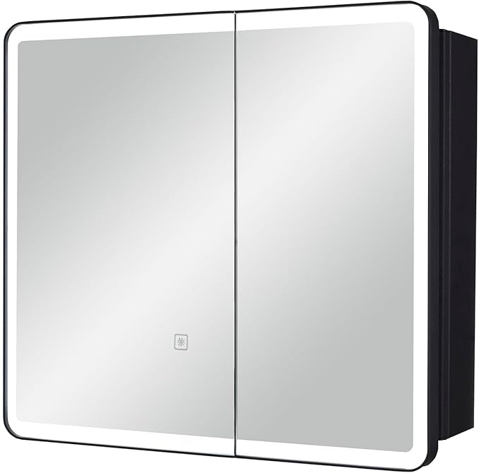 IDYLLOR LED Bathroom Medicine Cabinet with Round Corner Framed Mirror Door 22 x 20 inch, Recessed or Surface Mount, with Adjustable Glass Shelves Shelves