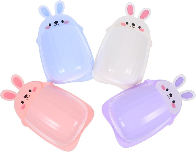 4pcs No-Drill Cute Bunny Wall Mounted Storage Shelves Bathroom and Kitchen Organizer Rack with Floating Bins in Blue, Purple, Pink, and White for Toiletries and Spice Storage