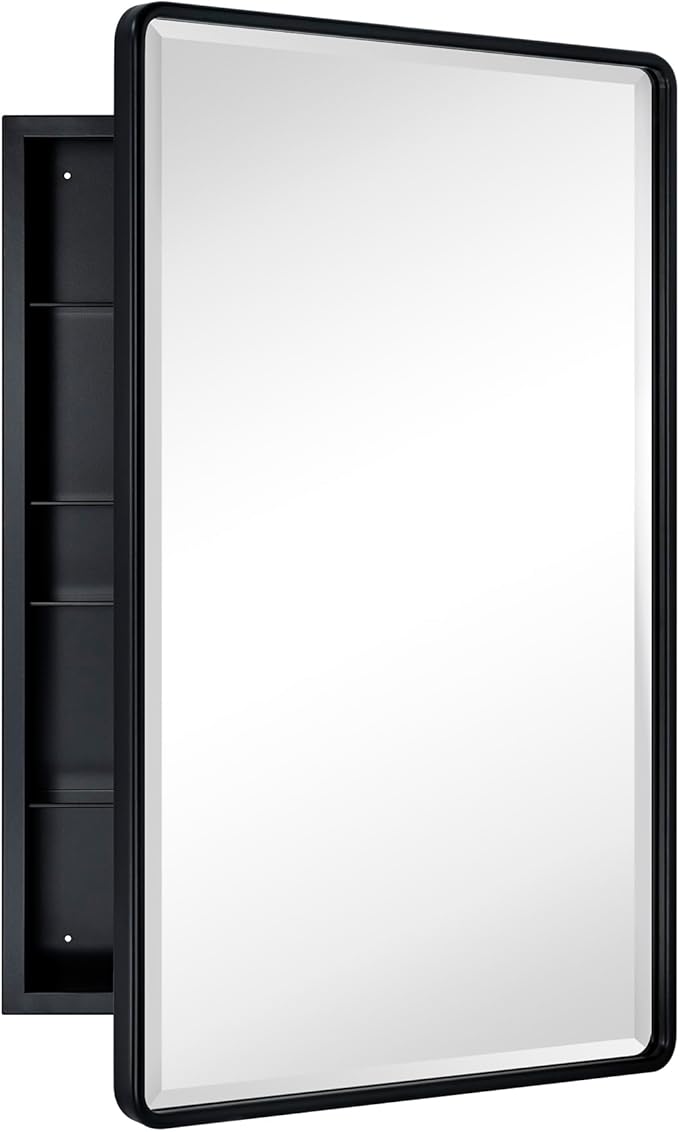 TEHOME Surface Mount 20x30'' Black Bathroom Medicine Cabinet with Mirror Matt Black Metal Framed Rounded Rectangle Medicine Cabinet with Beveled Mirror 4 Adjustable Glass Shelves