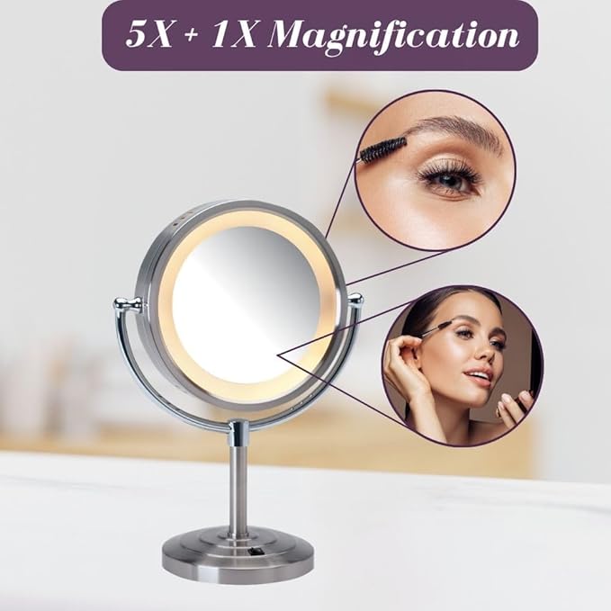 JERDON Lighted Tabletop Makeup Mirror - LED Lighted Vanity Mirror with 1X and 5X Magnification in Nickel Finish - Model HL745NC
