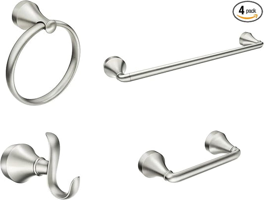 Moen Wellton Brushed Nickel 4-Piece Bathroom Accessory Collection, Includes Towel Ring, Robe Hook, Towel Bar, and Pivoting Toilet Paper Holder, Y1394BN