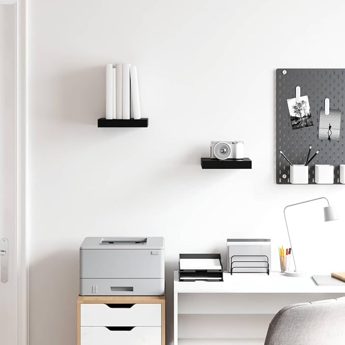 Floating Wall Shelves Set of 2, High Gloss Black Honeycomb MDF Shelving Units, Modern Decorative Wall Mount Display Shelves for Living Room, Office, Photos, Plants, 9.1 x 9.3 Inches