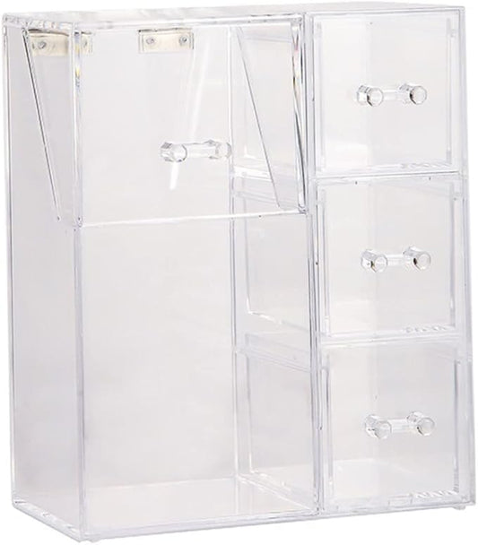 Acrylic Makeup Organizer Clear Cosmetic Brush Holder with Dustproof Lid 3 Drawers. Canisters