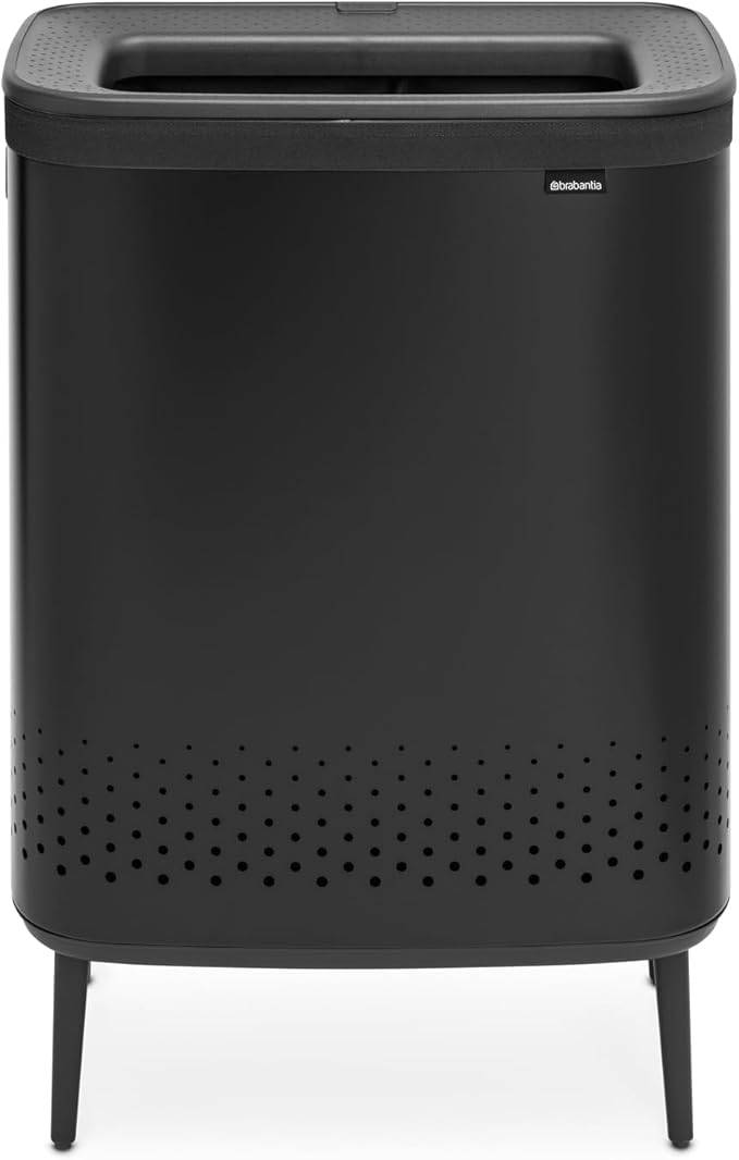 Brabantia Bo Laundry Hamper Hi (Matt Black) 2 Compartment Removable Laundry Bag 2 x 12 Gal, Ventilated Stylish Dirty Clothes Holder, Flat Back, Off-the Ground, Anti-Rust Materials for Bathroom Use