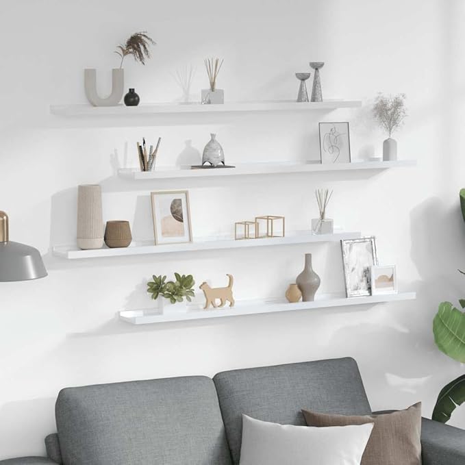 Set of 4 Wall Mounted Floating Shelves, 39.4 Inch Modern MDF Shelving Unit, High Gloss White Decorative Display Ledge for Living Room, Bedroom and Office