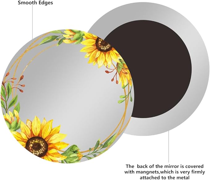 Magnetic Locker Mirror, Sunflower Decor Acrylic Mirror Magnetic Decorative Mirror, Personal Makeup Mirror Floral Magnetic Mirror for School Locker Refrigerator Office Bedroom Home Decor (Round)