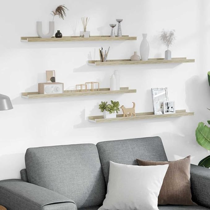 Set of 4 Floating Wall Shelves 31.5 Inch, Modern White and Sonoma Oak Display Ledges for Living Room, Bookshelf Wall Decor Storage Organizer