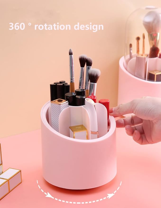 GBSTORE Makeup Brushes Holder Organizer with Clear Lid,360 Degree Rotating Makeup Brush Storage Container Dustfree Cosmetic Display Case Holder for Bathroom Countertop Vanity Desktop (Pink)