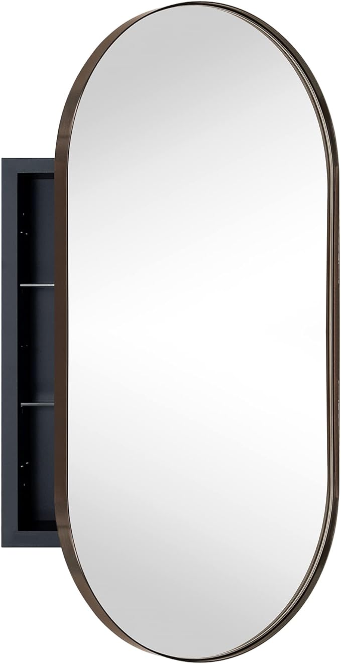 Oil Rubbed Bronze Oval Recessed Bathroom Medicine Cabinet with Mirror Stainless Steel Metal Framed Oblong Pill Shaped Bathroom Cabinet with Mirror 16x33''