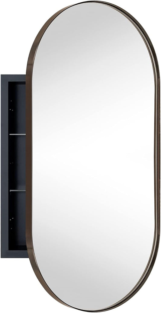 Oil Rubbed Bronze Oval Recessed Bathroom Medicine Cabinet with Mirror Stainless Steel Metal Framed Oblong Pill Shaped Bathroom Cabinet with Mirror 16x33''