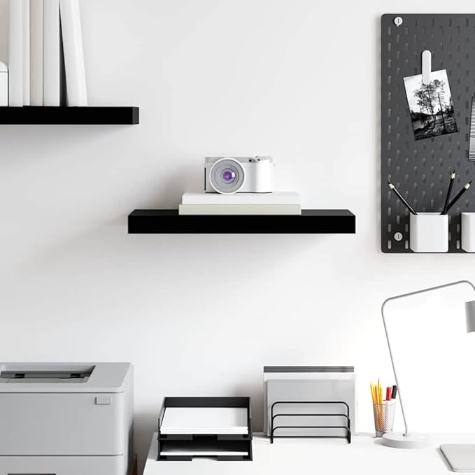 Floating Wall Shelf, Modern High Gloss Black Honeycomb MDF Display Ledge, Minimalist Storage Rack for Books, Photos, and Decor, 19.7 Inch
