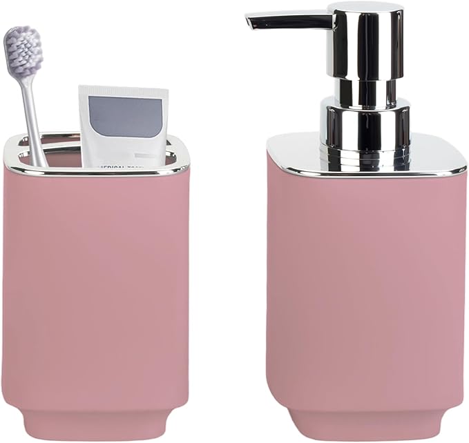 Pink Bathroom Accessories 2 Pieces, Soap Dispenser and Toothbrush Holder Set for Boho Bathroom