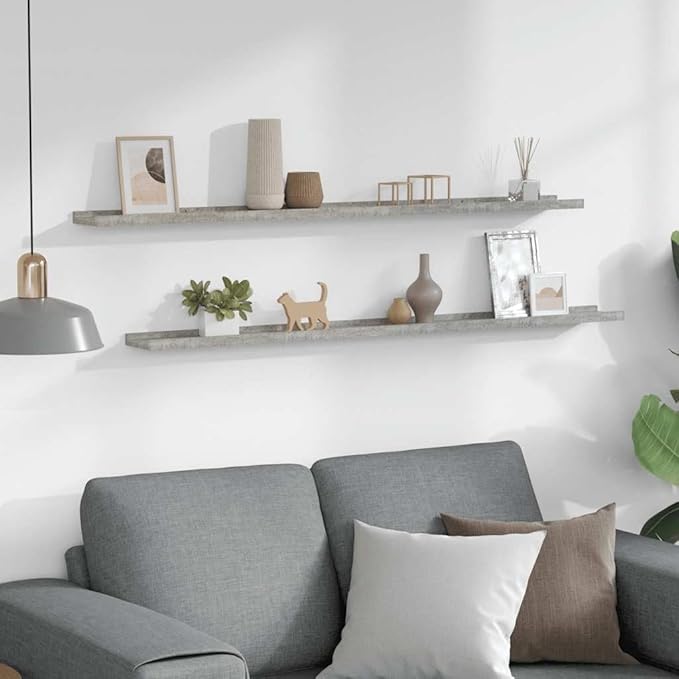 Set of 2 Floating Wall Shelves, 45.3 Inch Modern Concrete Gray MDF Long Ledge Shelf for Living Room Bedroom Decor, Display Storage Organizer