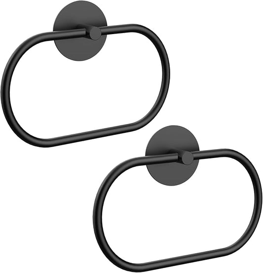 Adhesive Towel Holder Matte Black Hand Towel Holder for Bathroom Wall Stainless Steel Towel Ring for Bathroom Hardware Accessories No Drilling, 2 Packs