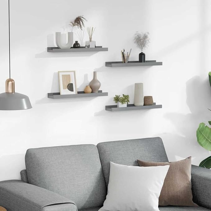 Wall Shelves Set of 4, Gray Floating 15.7x3.5x1.2 Inches for Living Room Bedroom, Modern MDF Storage Shelves for Decor Books Plants, Easy Mount DIY Home Organization