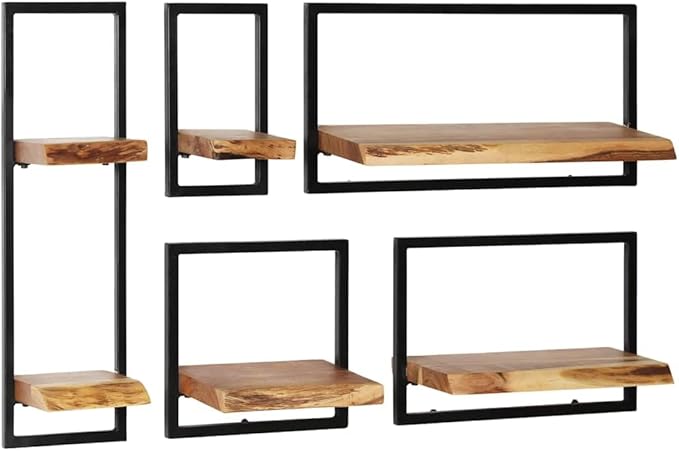 5-Piece Wall Shelf Set, Solid Acacia Wood Floating Shelves with Industrial Metal Brackets, Rustic Wall Mounted Storage Shelves for Living Room, Kitchen, and Office, Brown