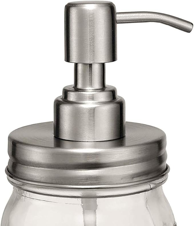 2 Pack Mason Jar Soap Dispenser Lids with Pumps, Rustproof Stainless Steel Lotion Dispenser Lids Replacement for 16 oz Regular Mouth Mason Jar Decor, 2 Brushes Included Silver