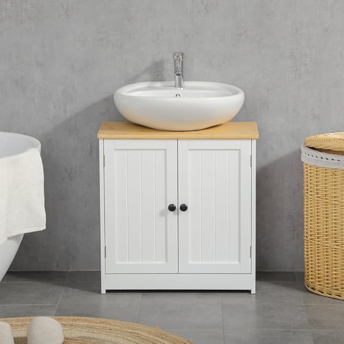 Pedestal Sink Storage Cabinet with Double Doors, Under Sink Cabinet with Shelf, Space-Saving Bathroom Vanity Wall-Mountable U Cut-Out Easy Assembly Crystal White & Walnut