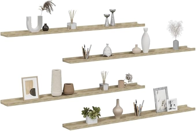 Set of 4 Floating Wall Shelves, 45.3 inch Sonoma Oak Finish MDF Wall Mounted Shelving Units for Bedroom, Living Room, and Home Decor Storage