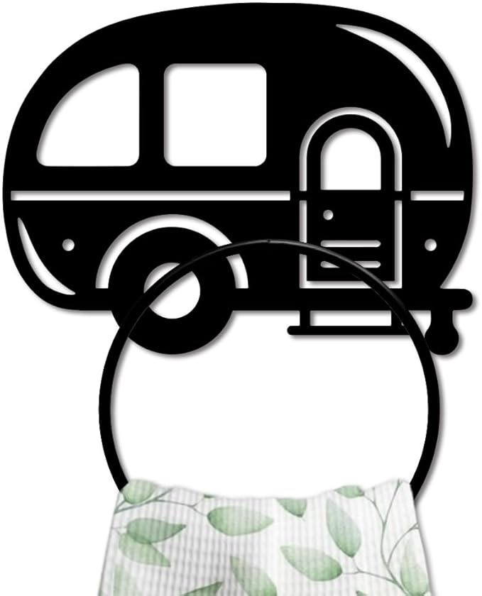 MAYJOYDIY Camping Metal Towel Ring Camping Car Hand Towel Holder Round Cartoon Car Towel Hangers Black Bathroom Towel Rack Wall Mounted for Kitchen Bath Home Laundry Room Decors Gifts